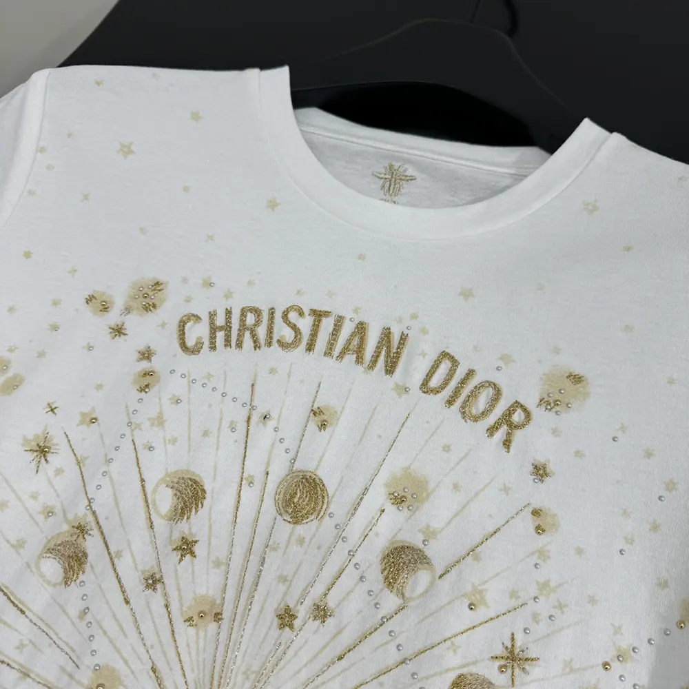 Dior Men Embroidered T-Shirt White Cotton Jersey with Gold-Tone Dior Astral Motif