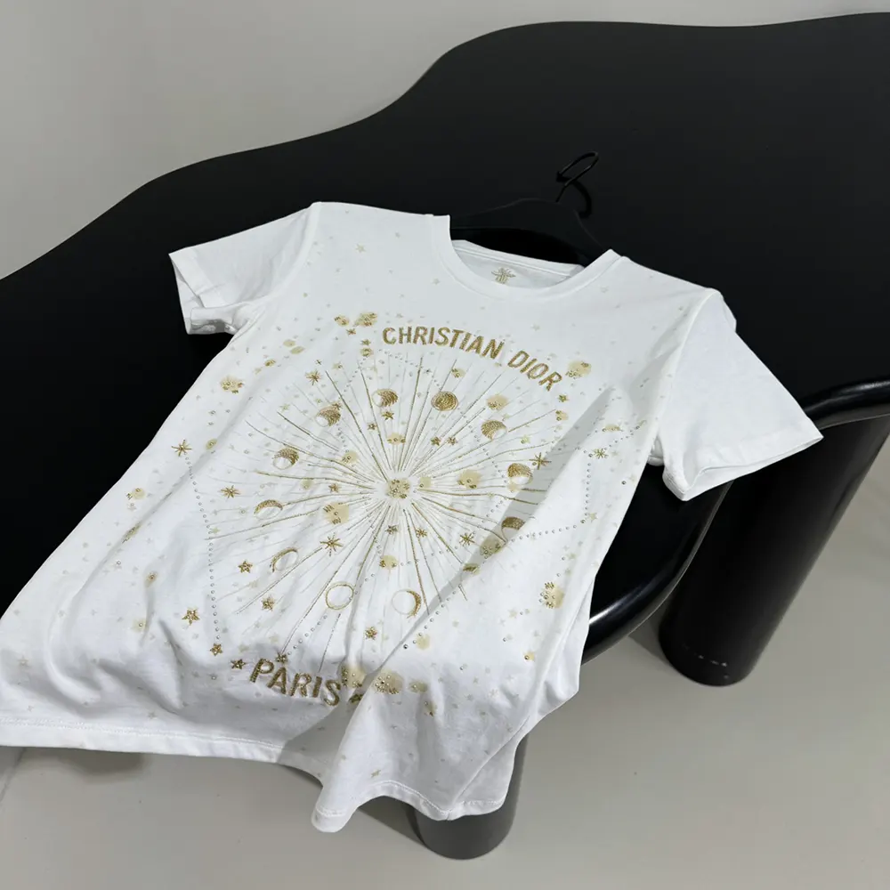 Dior Men Embroidered T-Shirt White Cotton Jersey with Gold-Tone Dior Astral Motif