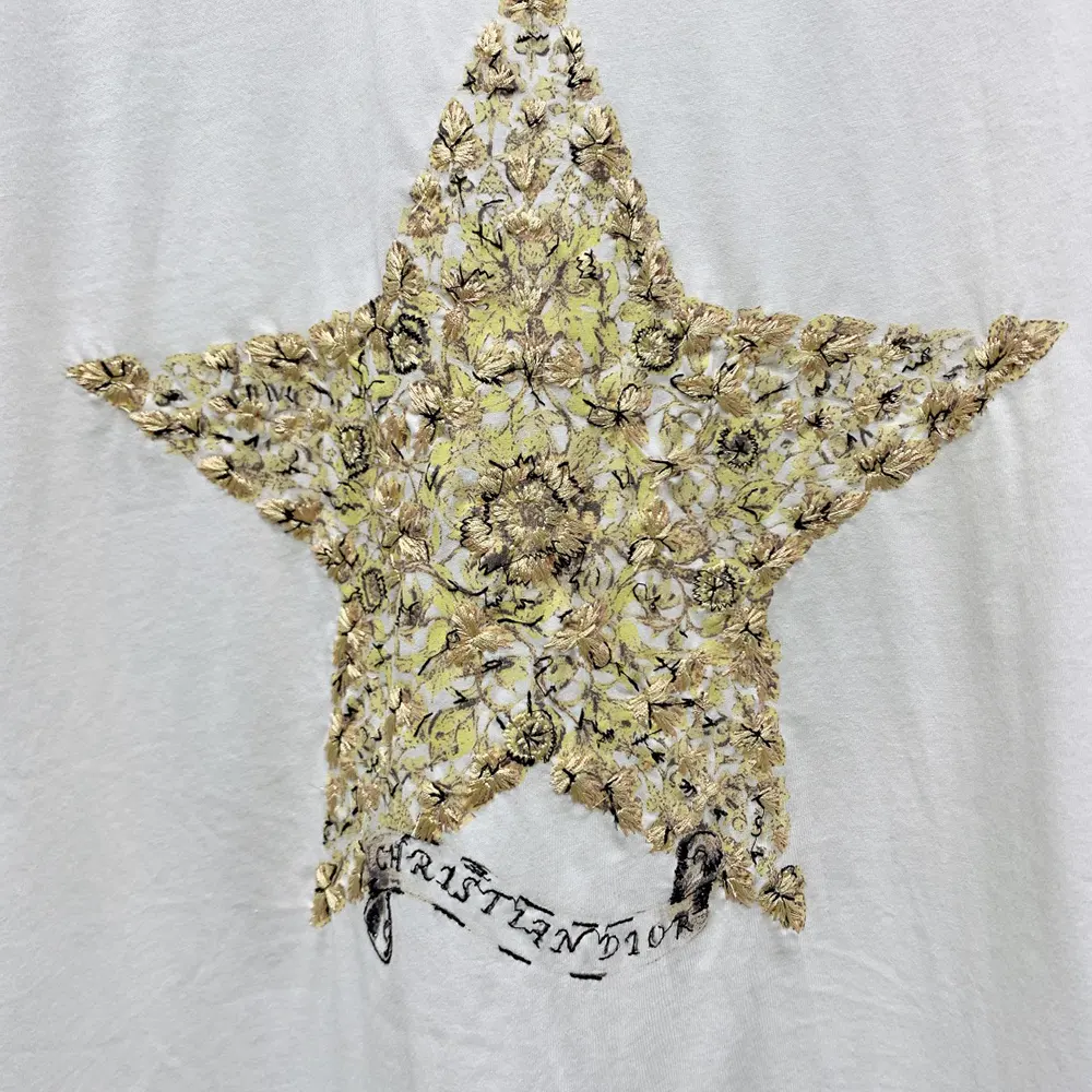 Dior Men Embroidered T-Shirt White Cotton and Linen Jersey with Gold-Tone Dior Around the World Motif