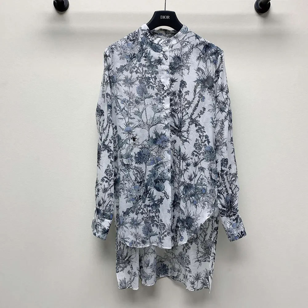 Dior Women Long Blouse White Cotton Muslin with Blue Dior Chardons Motif