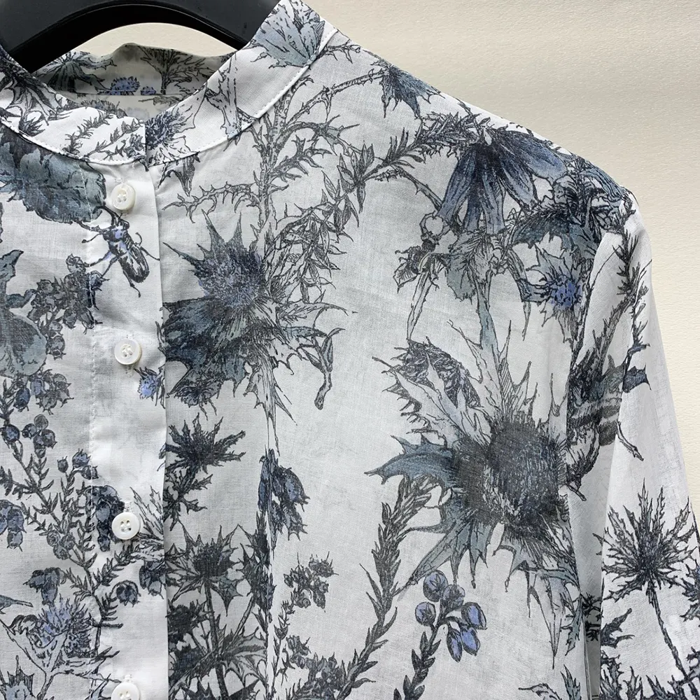 Dior Women Long Blouse White Cotton Muslin with Blue Dior Chardons Motif
