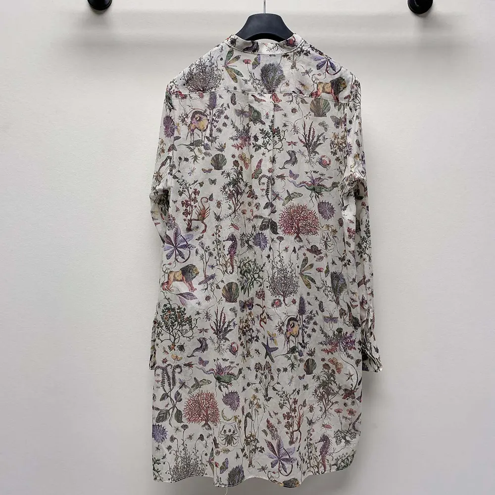 Dior Women Long Blouse White Cotton Muslin with Multicolor Dior Cabinet de Curiosités Motif
