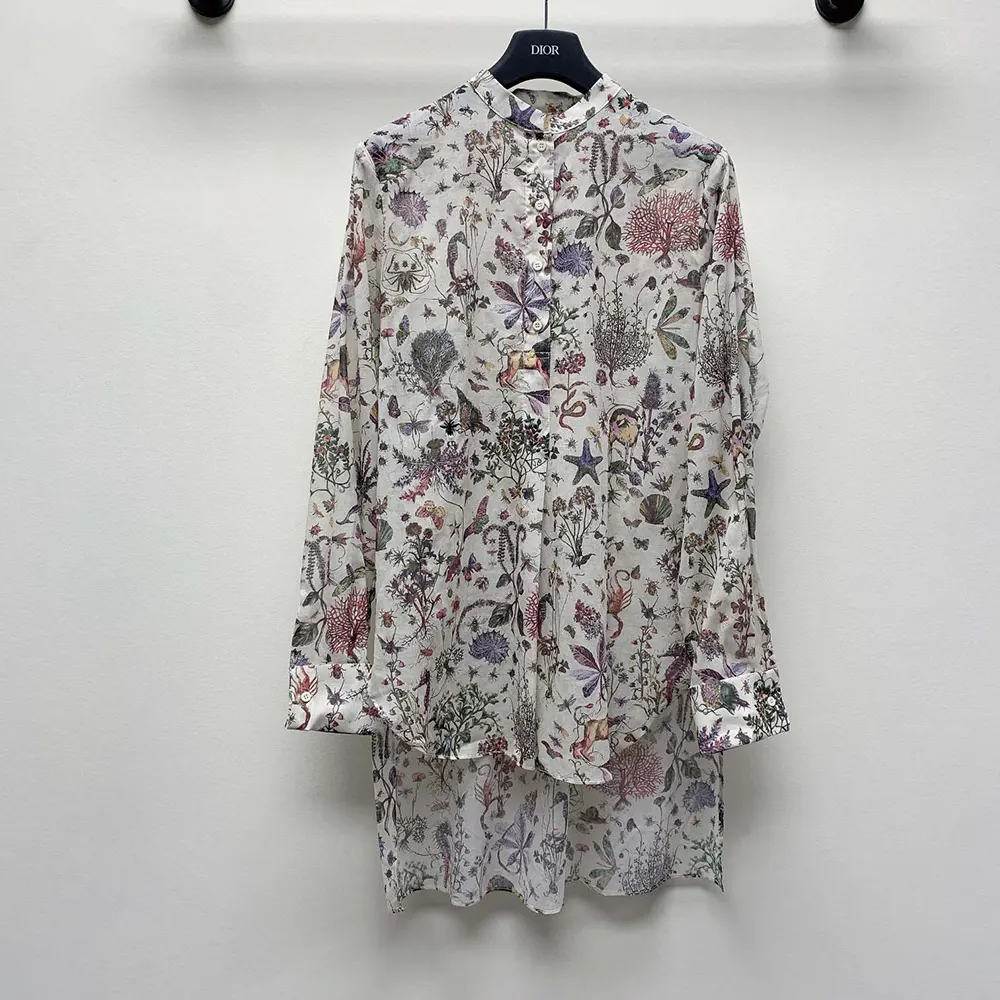 Dior Women Long Blouse White Cotton Muslin with Multicolor Dior Cabinet de Curiosités Motif