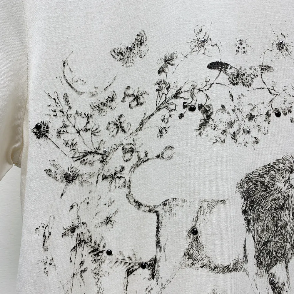 Dior Men T-Shirt White Cotton and Linen Jersey with Black Dior Cabinet de Curiosités Motif
