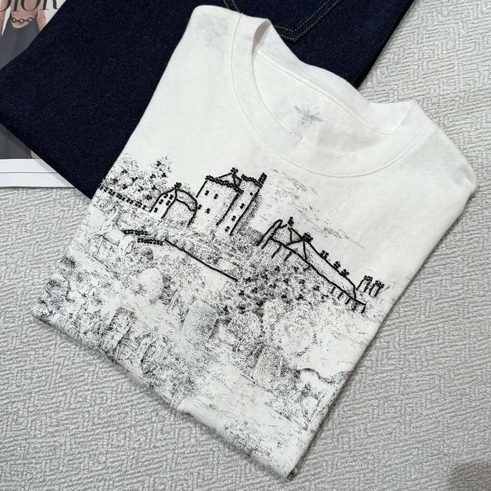 Dior Men T-Shirt White Cotton and Linen Jersey with Black Toile de Jouy Scotland Motif