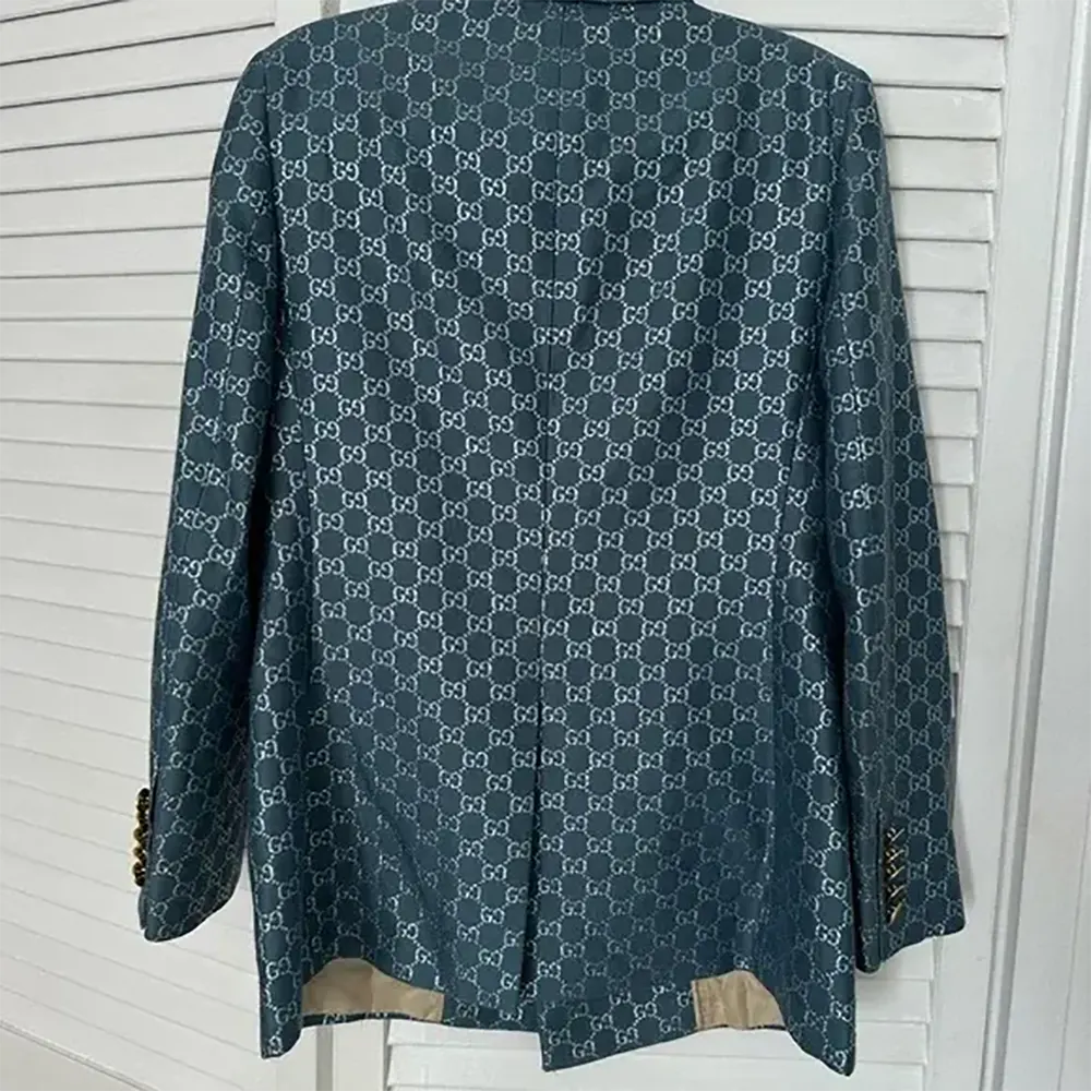 Gucci Men Double Breasted Wool Jacket with GG Shadow-Navy