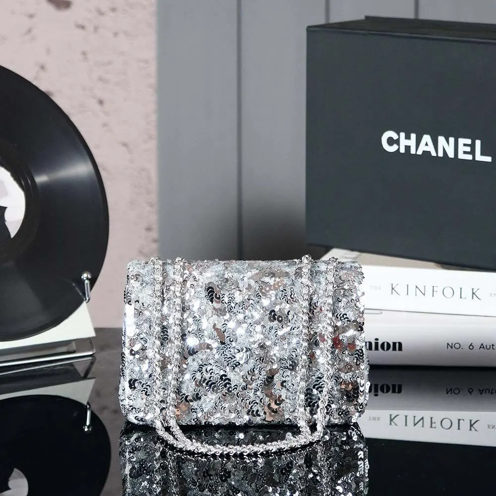 Chanel Women Flap Bag Sequins Silver Tone Metal AS4561