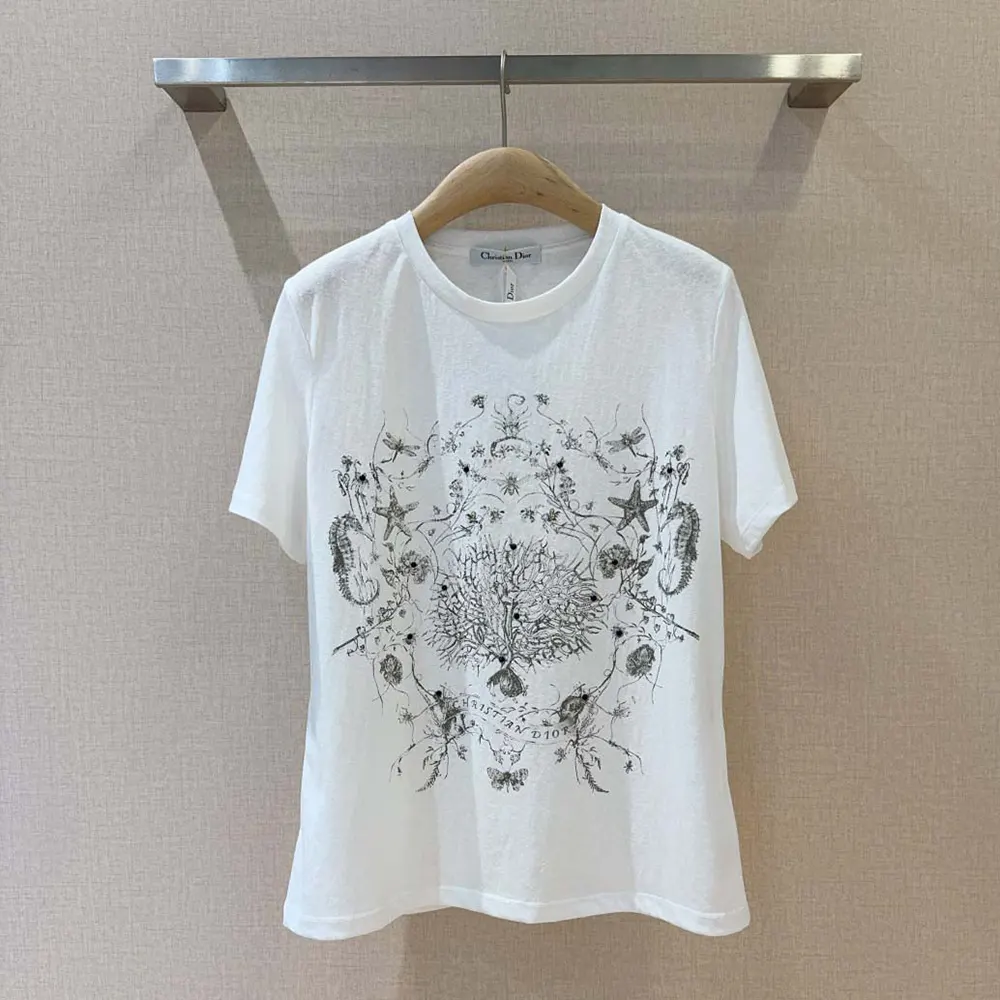 Dior Women T-Shirt White Cotton and Linen Jersey with Black Dior Cabinet de Curiosités Motif
