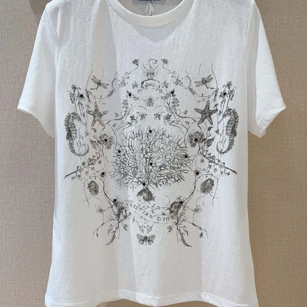 Dior Women T-Shirt White Cotton and Linen Jersey with Black Dior Cabinet de Curiosités Motif