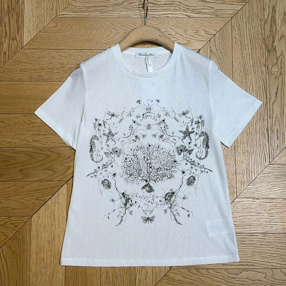 Dior Women T-Shirt White Cotton and Linen Jersey with Black Dior Cabinet de Curiosités Motif