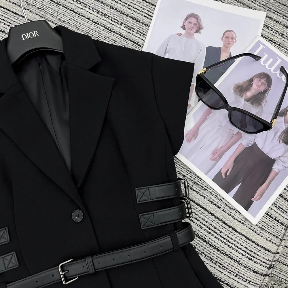 Dior Women Short-Sleeved Belted Jacket Black Virgin Wool and Silk Grain de Poudre