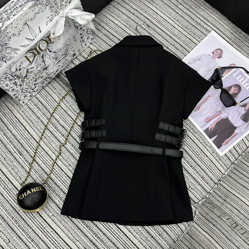 Dior Women Short-Sleeved Belted Jacket Black Virgin Wool and Silk Grain de Poudre