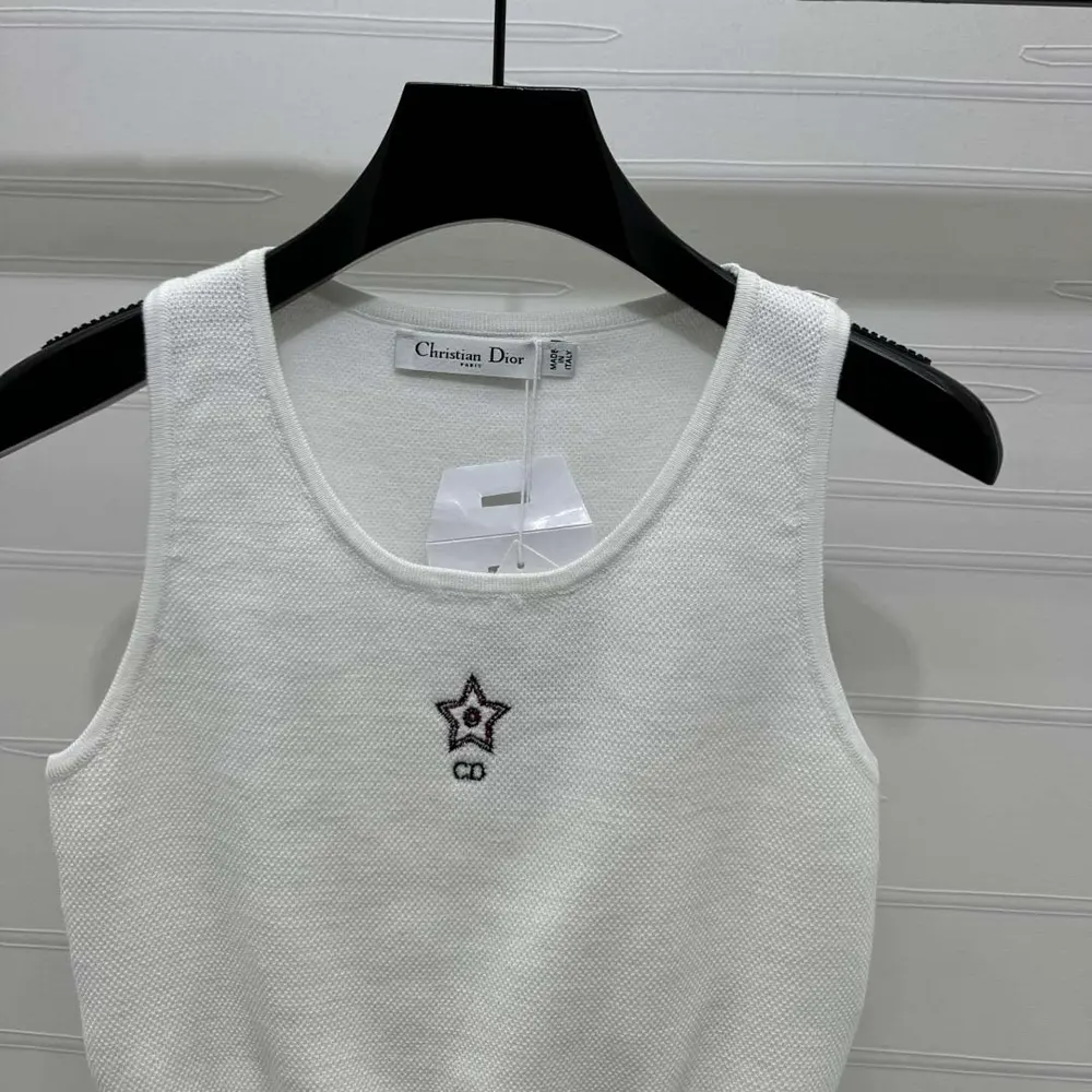 Dior Women Vibe Cropped Tank Top White Technical Mesh with Three-Tone Signature
